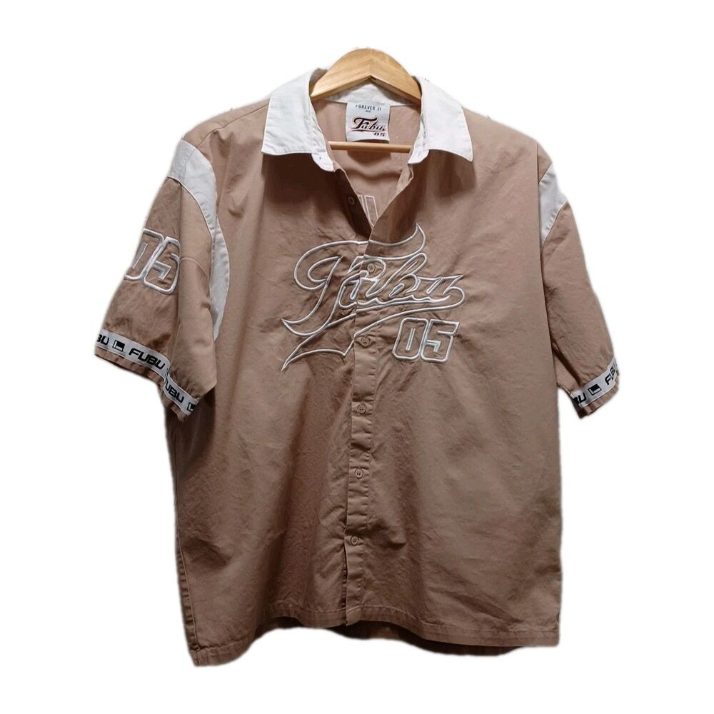 Fubu Men's Vintage Beige Cotton Short Sleeve Embroidered Button Up Shirt XL
